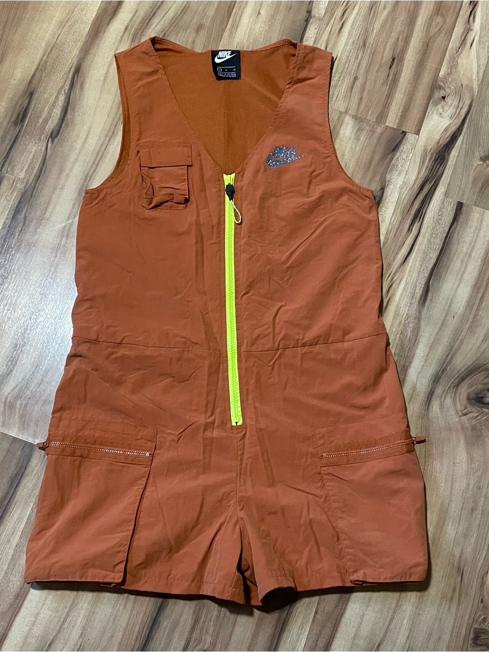 Nike Women's Icon Clash Utility Jumpsuit Shorts Desert Orange Neon Zipper Sz S